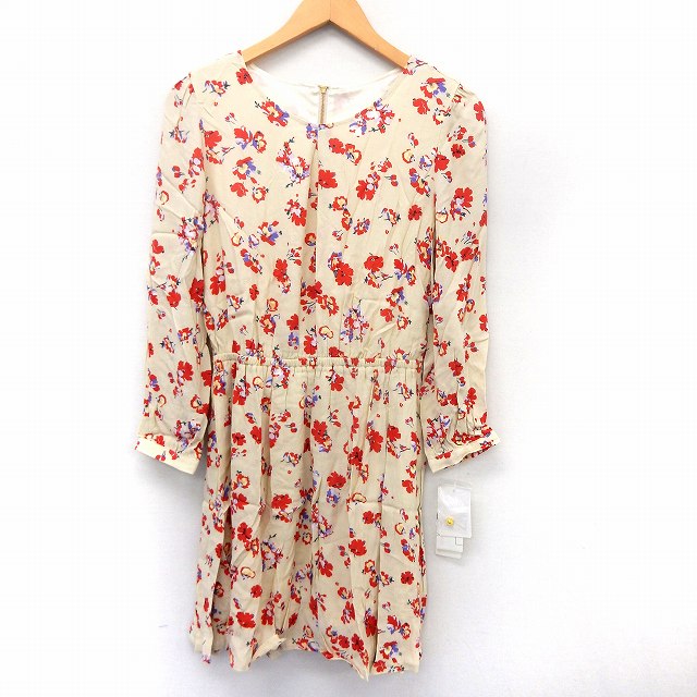 未使用品 インデックス Index タグ付き ワンピース 膝丈 長袖 花柄 ウエストゴム バックジップ M アイボリー St48 レディース 172 ベクトルパーク