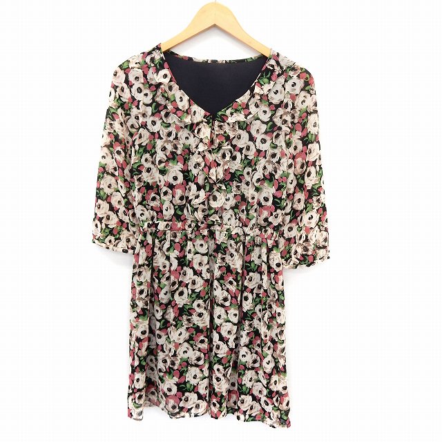 プロポーション ボディドレッシング Proportion Body Dressing ワンピース 膝丈 花柄 Vネック 七分袖 フリル 3 ブラック St9 レディース 172 ベクトルパーク