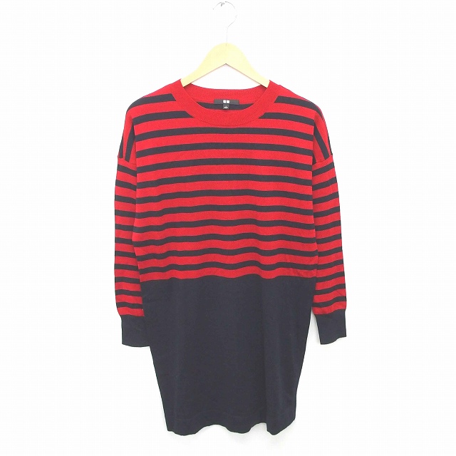 ユニクロ Uniqlo ワンピース ニット 膝下丈 ボーダー 丸首 ウール 長袖 L 赤 紺 レッド ネイビー Tt32 レディース 172 ベクトルパーク