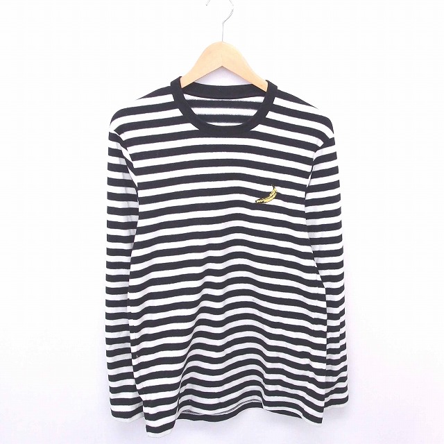 ユニクロ Uniqlo ワンピース ひざ丈 丸首 ボーダー バナナ柄刺繍 プルオーバー 長袖 L アイボリー ブラック 白 黒 Tt21 レディース 172 ベクトルパーク