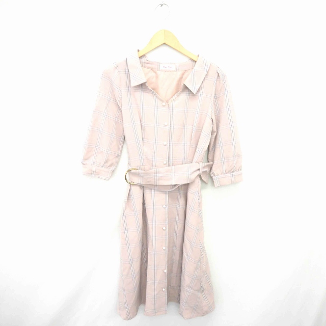 Bye Bye ワンピース ミモレ丈 ロング チェック 前開き ベルト 七分袖 F ピンク ネイビー 紺 Tt24 レディース 172 ベクトルパーク