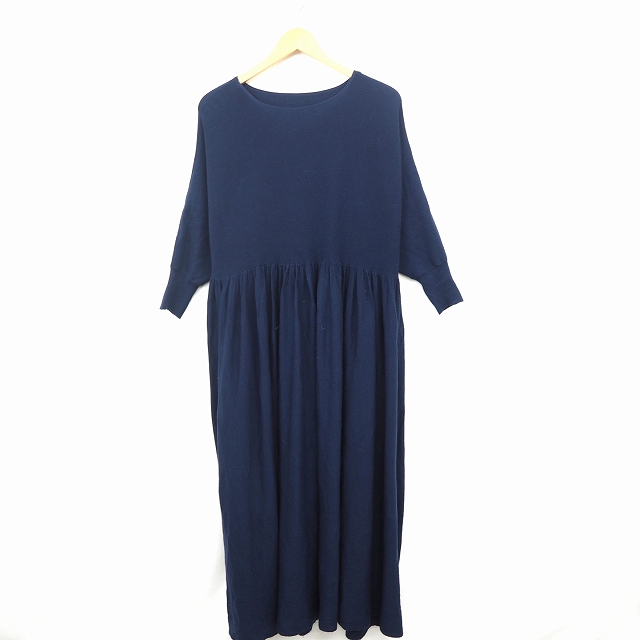 ストロベリーフィールズ Strawberry Fields ワンピース 無地 シンプル フレアスカート 丸首 ロング丈 長袖 ネイビー 紺 Mt18 レディース 172 ベクトルパーク
