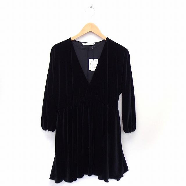 未使用品 ザラ Zara タグ付き ワンピース ベロア ギャザー Vネック 長袖 ひざ丈 無地 S ブラック 黒 Ft26 レディース 172 ベクトルパーク