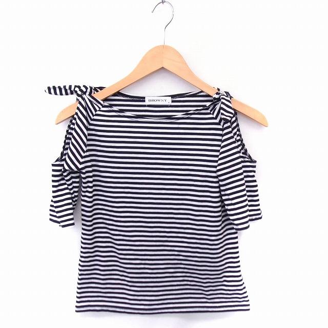 ブラウニー Browny Tシャツ カットソー ボーダー 肩あき リボン 半袖 F ホワイト 白 ブラック 黒 Ft21 レディース 172 ベクトルパーク
