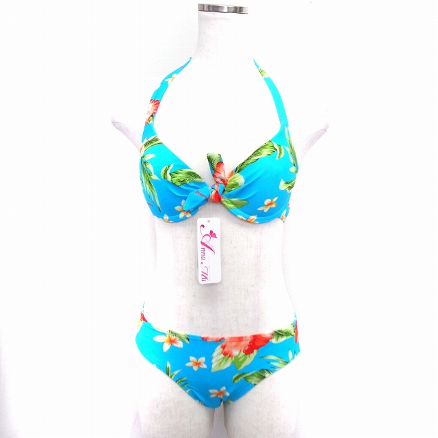 未使用品 Anna Mu タグ付き 水着 スイムウエア 3点セット 上下 ビキニ ワンピース ハイビスカス柄 総柄 F ブルー 青 Ft11 レディース 172 ベクトルパーク