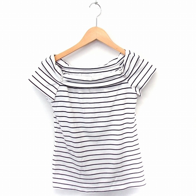 セシルマクビー Cecil Mcbee Tシャツ カットソー ビジュー装飾 ボーダー オフショルダー 半袖 M ホワイト 白 Ft26 レディース 172 ベクトルパーク