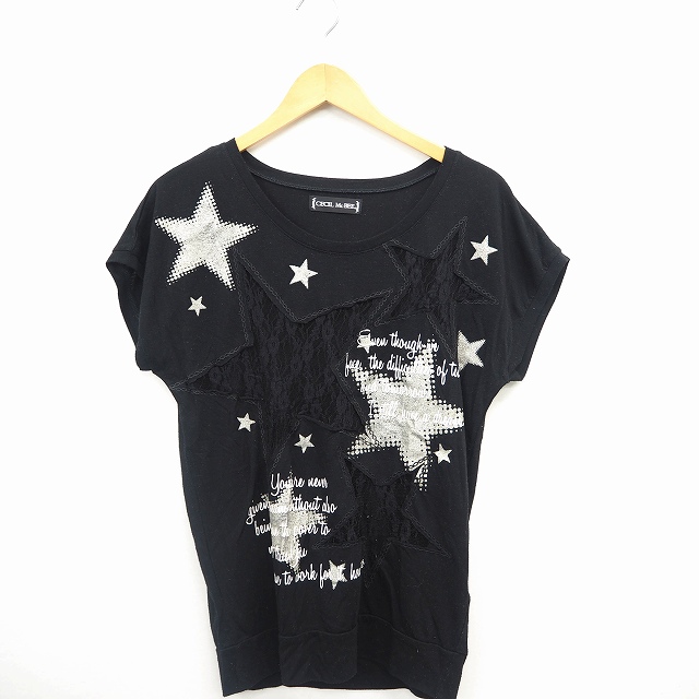 セシルマクビー Cecil Mcbee Tシャツ カットソー レース 星 文字プリント 丸首 フレンチスリーブ M ブラック 黒 Mt38 レディース 172 ベクトルパーク