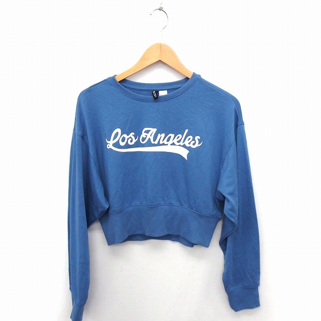 エイチ エム H M トレーナー スウェット プリント 丸首 長袖 クロップド丈 Xs ブルー 青 Ft47 レディース 172 ベクトルパーク