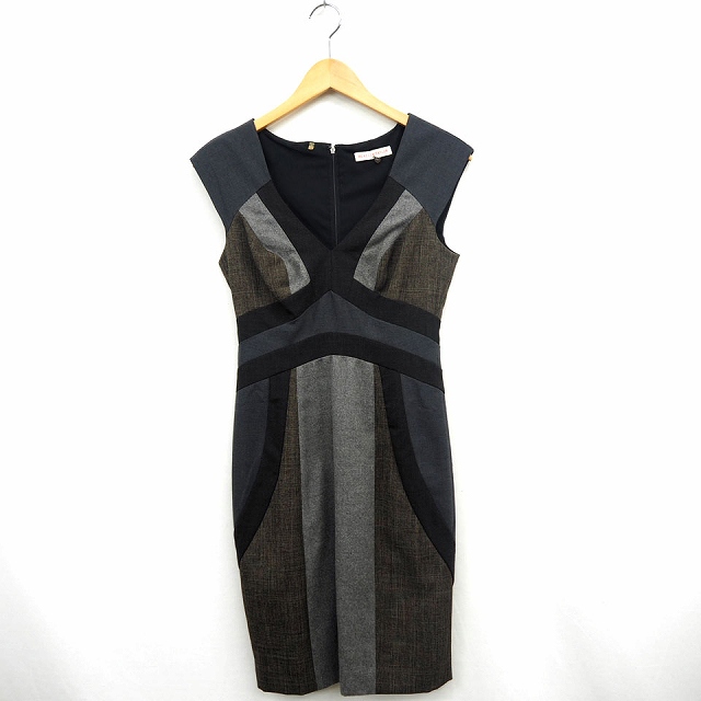 レベッカテイラー Rebecca Taylor ワンピース 総柄 Vネック ひざ丈 袖なし ノースリーブ ウール混 2 グレー ブラウン 灰 茶 Mt24 レディース 172 ベクトルパーク