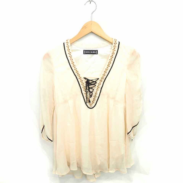 セシルマクビー Cecil Mcbee カットソー ブラウス ビーズ装飾 プルオーバー 透け感 七分袖 M ベージュ 薄茶 Tt9 レディース 172 ベクトルパーク
