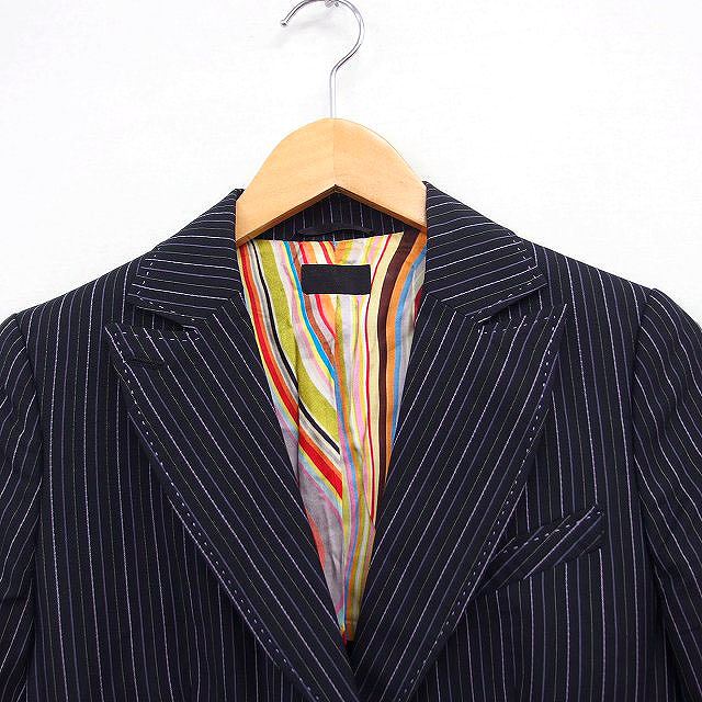【美品】ポールスミスブラック テーラードジャケット ストライプ ウール混 総柄 undo-rowa_kl00728
