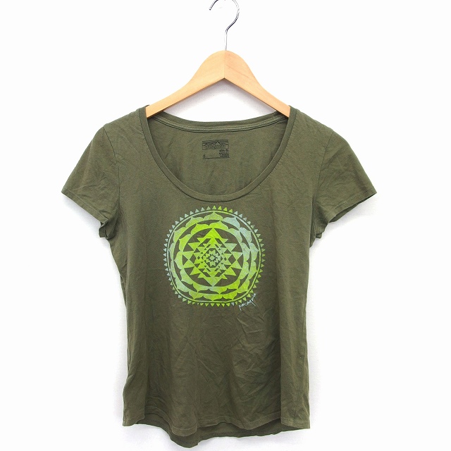 パタゴニア Patagonia プリント Tシャツ カットソー 丸首 半袖 スリムフィット コットン 綿 S カーキ Ft36 レディース 172 ベクトルパーク