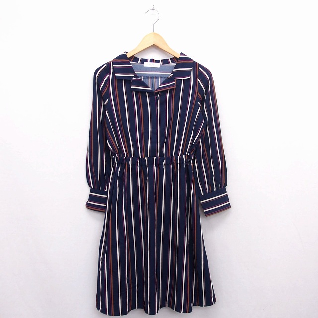 セシルマクビー Cecil Mcbee ワンピース ロング 長袖 Vネック ストライプ M ネイビー 紺 Kt28 レディース 172 ベクトルパーク