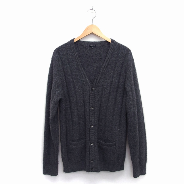 イエーガー Jaeger ニット カーディガン ミディ丈 厚手 Vネック カシミヤ 総柄 L ダークグレー 灰 Ht35 メンズ 172 ベクトルパーク