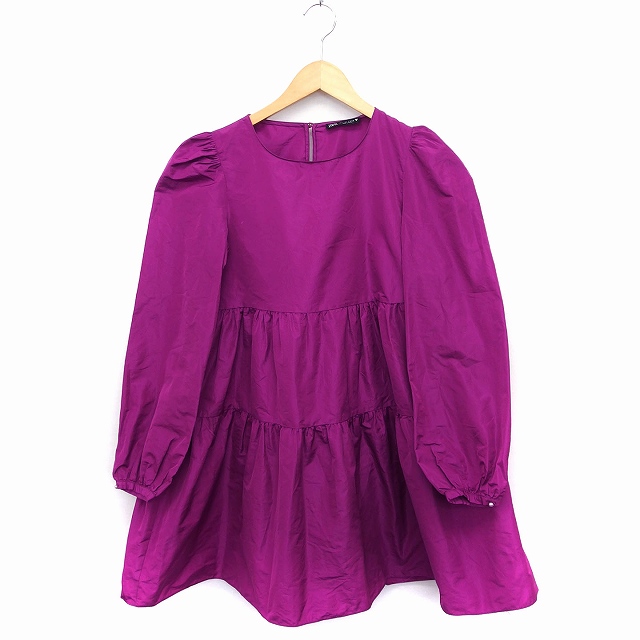 ザラ Zara フレア ワンピース 丸首 長袖 ひざ丈 無地 S ショッキングピンク Ft39 レディース 172 ベクトルパーク