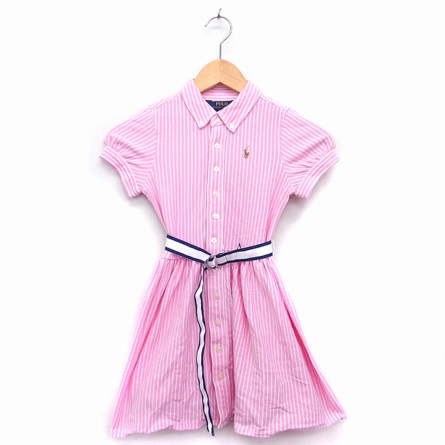 ポロ ラルフローレン Polo Ralph Lauren 国内正規品 ワンピース 半袖 ミニ シャツワンピ コットン ストライプ S 7 ピンク Kt10 キッズ 172 ベクトルパーク