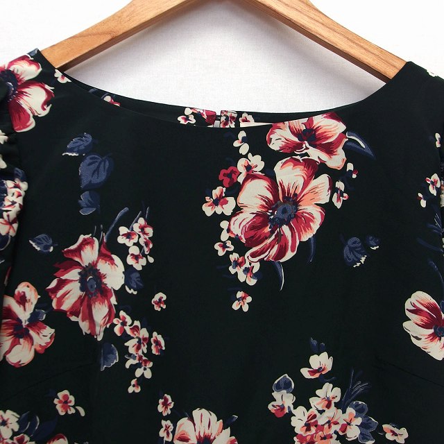 スナイデル Snidel ワンピース Iライン 膝上 丸首 五分袖 花 柄 くしゅくしゅ 1 ダークグリーン 深緑 Ht10 レディース 172 ベクトルパーク