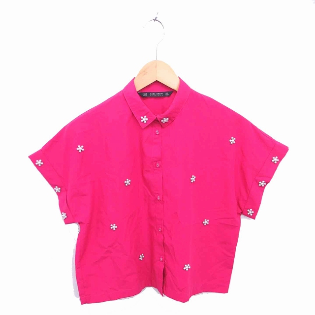 ザラ ベーシック Zara Basic シャツ ブラウス ステンカラー ビジュー 半袖 M ショッキングピンク Tt10 レディース 172 ベクトルパーク