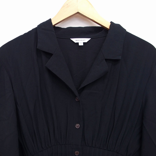 マウジー moussy ワンピース シャツワンピ ロング マキシ丈 スキッパー 長袖 無地 シンプル タック 2 ブラック 黒 /HT29 レディース