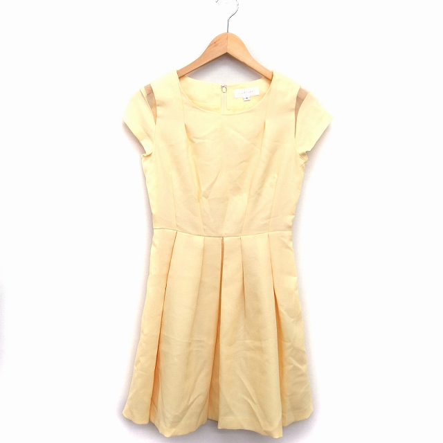 ジルスチュアート Jill Stuart ワンピース パーティードレス 膝上 ミニ 丸首 半袖 総柄 切替 シースルー タック 2 イエロー 黄 Ht30 レディース 172 ベクトルパーク