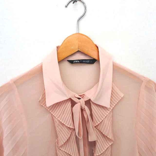 ザラ ZARA シャツ ブラウス ボウタイ フリル シースルー 半袖 S ピンク  