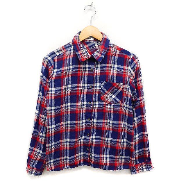 脱色 ブリーチ レイヤード 青 ネイビー 白 チェック柄 短丈シャツ 古着  