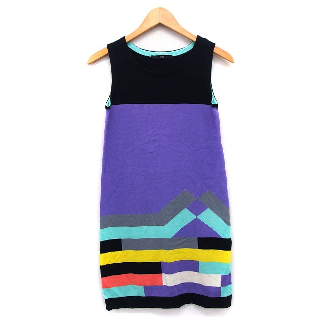 ティビ tibi ニット チュニック ワンピース ミニ 切替 柄 ノースリーブ 