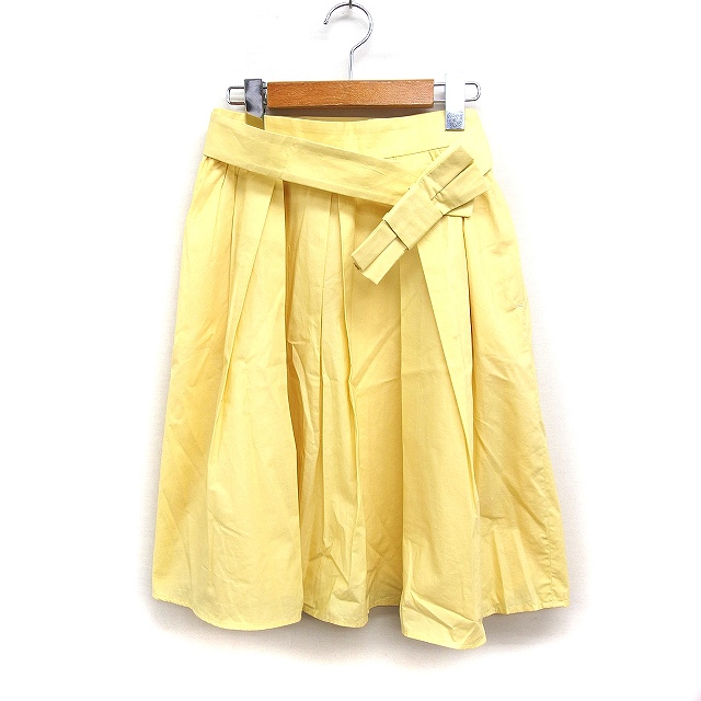 エフデ ef-de タック フレアスカート ひざ丈 リボンベルト 無地 コットン 綿 9 イエロー 黄 /FT9 レディース