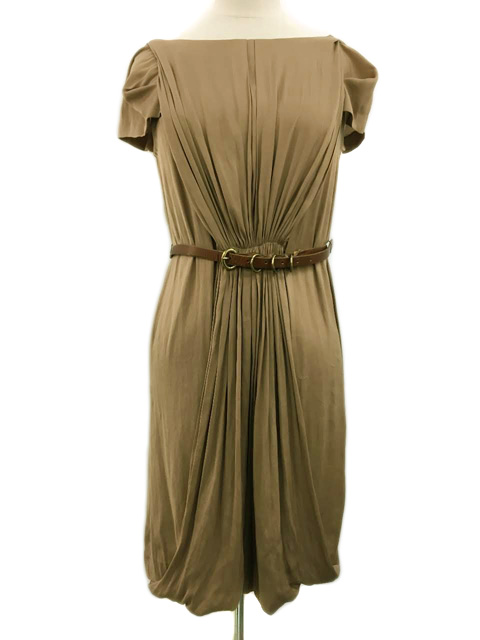 カエン Kaene ワンピース Iライン ひざ丈 フレンチスリーブ 無地 ベルト 2 茶 ブラウン レディース 173 ベクトルパーク