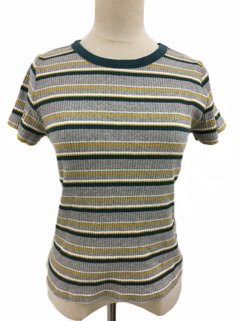 ローリーズファーム Lowrys Farm カットソー プルオーバー クルーネック ボーダー リブ 半袖 M グレー 緑 グリーン レディース 173 ベクトルパーク