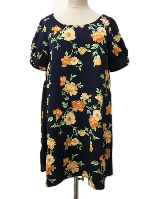 マーキュリーデュオ Mercuryduo ワンピース Aライン ミニ Uネック 花柄 切替 半袖 F オレンジ 紺 ネイビー レディース 173 ベクトルパーク