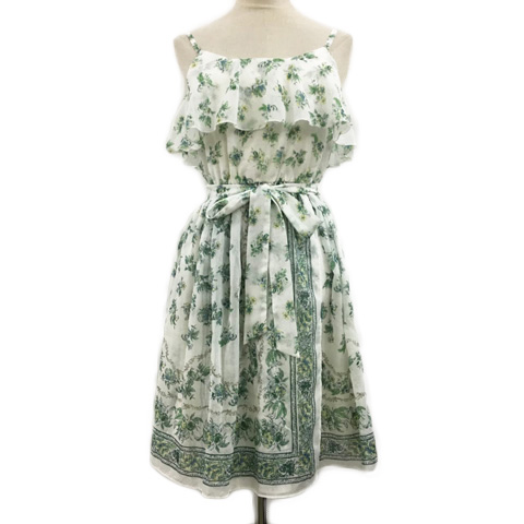 レストローズ L Est Rose ワンピース キャミソール Aライン フレア ミニ フリル リボンベルト 花柄 Mt 白 緑 ホワイト グリーン レディース 173 ベクトルパーク