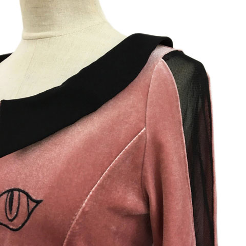 ジュエティ Jouetie ワンピース フレア ミニ ベロア調 切替 チュール 透け感 刺繍 ネコ 七分袖 M ピンク 黒 ブラック レディース 173 ベクトルパーク