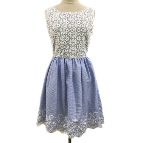 ロディスポット Lodispotto ワンピース フレア ひざ丈 切替 花柄 ボーダー 刺繍 レース ノースリーブ M 水色 白 ライトブルー ホワイト レディース 173 ベクトルパーク