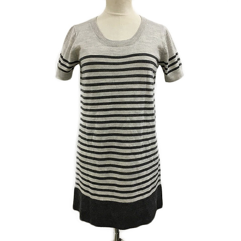 エニィファム Anyfam ワンピース ミニ チュニック ロングセーター ニット クルーネック ボーダー 半袖 2 グレー 黒 ブラック レディース 173 ベクトルパーク