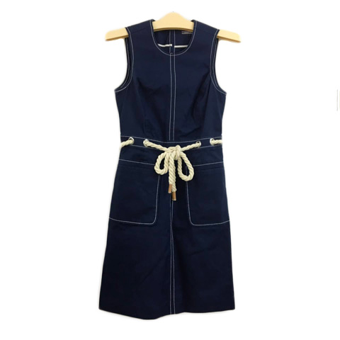 トミーヒルフィガー Tommy Hilfiger ワンピース Iライン ひざ丈 ベルトコード付き ノースリーブ 2 紺 白 ネイビー ホワイト レディース 173 ベクトルパーク