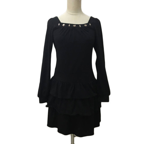 ジャイロ Jayro ワンピース ティアード ミニ スクエアネック ビジュー リボン 長袖 S 黒 ブラック レディース 173 ベクトルパーク