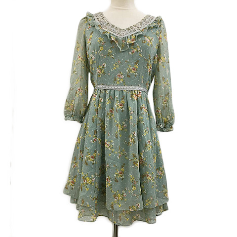 アプワイザーリッシェ Apuweiser Riche ワンピース フレア ミニ 花柄 レース 長袖 2 緑 グリーン レディース 173 ベクトルパーク