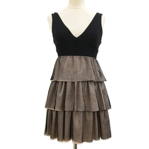 ピンキーガールズ Pinky Girls ワンピース Aライン チュニック ミニ プルオーバー ティアード 切替 レース ナイロン ドット ノースリーブ M 黒 ピンクベージュ ブラック レディース 173 ベクトルパーク