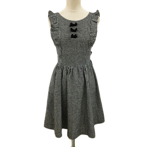 アンクルージュ Ank Rouge ワンピース フレア ミニ チェック フリル リボン ナイロン ノースリーブ M 黒 白 ブラック ホワイト レディース 173 ベクトルパーク