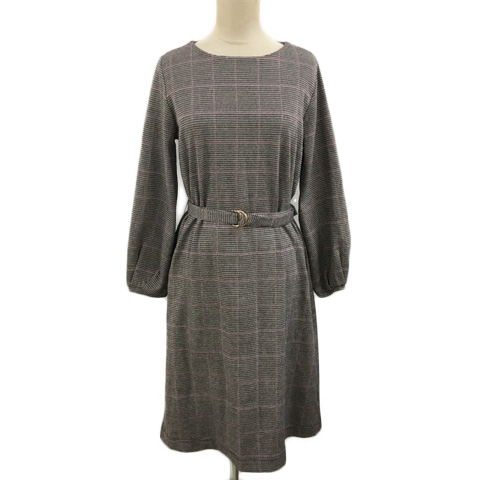 インデックス Index ワンピース Iライン ロング グレンチェック ベルト付き 長袖 M 紫 黒 パープル ブラック レディース 173 ベクトルパーク