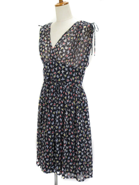 ザラ ベーシック Zara Basic ワンピース カシュクール 鳥柄 バード ギャザー シフォン ノースリーブ M 紺 ネイビー レディース 176 ベクトルパーク