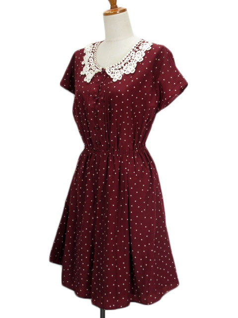アースミュージック エコロジー Earth Music Ecology ワンピース ドット レースカラー フレンチスリーブ 半袖 S 赤 ボルドー レディース 176 ベクトルパーク