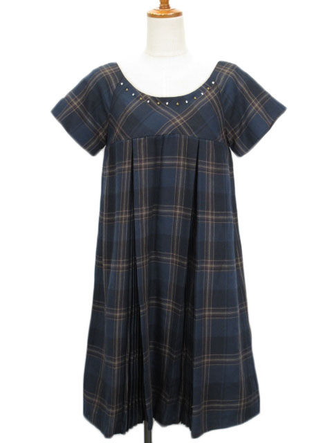 アースミュージック エコロジー Earth Music Ecology ワンピース チェック プリーツ 半袖 ウール混 紺 ネイビー レディース 176 ベクトルパーク
