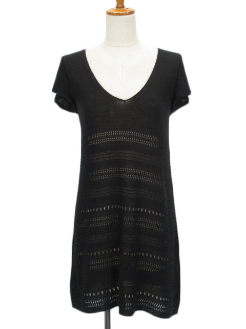 アンタイトル Untitled ワンピース チュニック ニット Vネック 透かし編み 半袖 リネン混 2 黒 ブラック レディース 176 ベクトルパーク