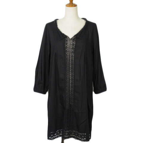 アースミュージック エコロジー Earth Music Ecology ワンピース レース フラワー 七分袖 リネン混 黒 ブラック レディース 176 ベクトルパーク