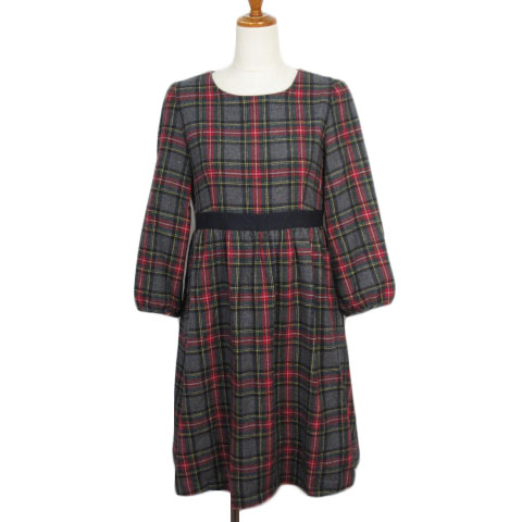 アナトリエ Anatelier ワンピース チェック フレア ギャザー リボン ウール混 38 グレー 赤 レッド レディース 176 ベクトルパーク