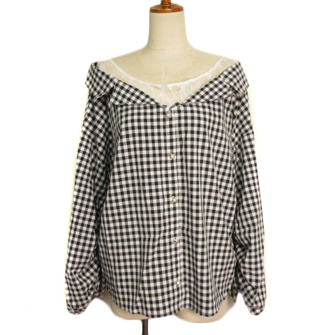 セシルマクビー Cecil Mcbee ブラウス プルオーバー ギンガムチェック レース シャーリング M 黒 ブラック 白 ホワイト レディース 176 ベクトルパーク