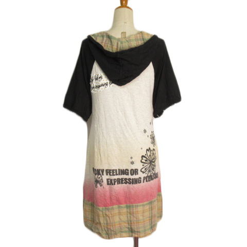 スカラー Scolar ワンピース パーカーワンピ チェック プリント ラメ 五分袖 M グレー 黒 ブラック レディース 176 ベクトルパーク