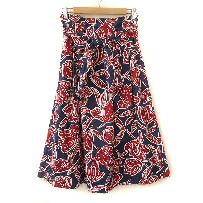 ローズバッド ROSE BUD スカート フレア 花柄 コットン F 紺 ネイビー 